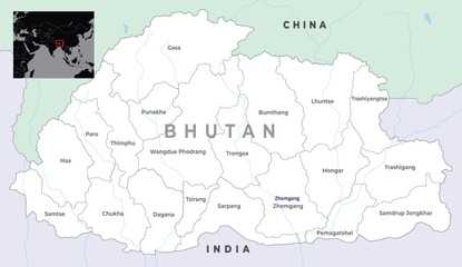 Fototapeta premium Map of Bhutan with district boundaries with their names and marked with surrounding countries