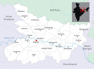 Fototapeta premium Bihar map showcasing its geography, borders, districts, major cities, towns, and capital Patna