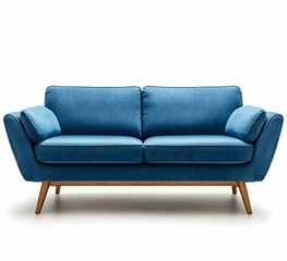 Obraz premium Sofa, blue in color with wooden legs and buttons on the backrest, white background, front view, product photography, studio lighting,