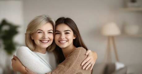 Attractive aged mother and adult daughter hugging looking at camera. A middle-aged Caucasian woman with short blonde hair and a young Caucasian woman with long brown hair embracing and smiling