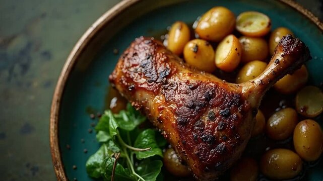 Muslo de pollo asado con papas baby y hierbas frescas