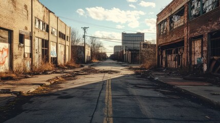 Abandoned street with dilapidated brick buildings under a cloudy blue sky creating an eerie atmosphere