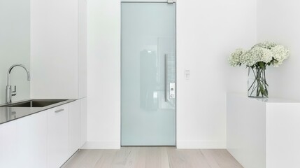 Modern white kitchen with sleek glass door bright and airy culinary space bright