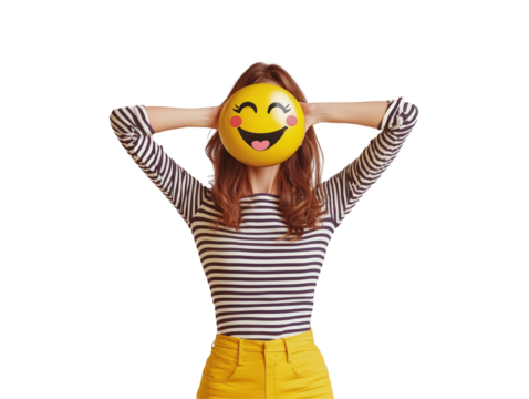 Isolated Woman with Smiling Emoji Head and Hands Up