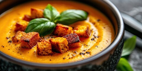 Bowl of vibrant orange sweet potato soup topped with golden croutons and fresh basil on a textured dark surface with space for text.