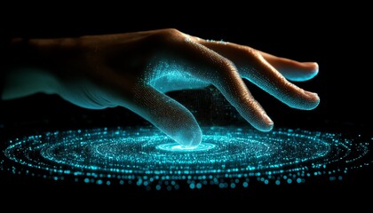 Obraz premium Hand engaging with futuristic digital technology, global communication network, innovative business intelligence, and hologram interface on a worldwide internet background