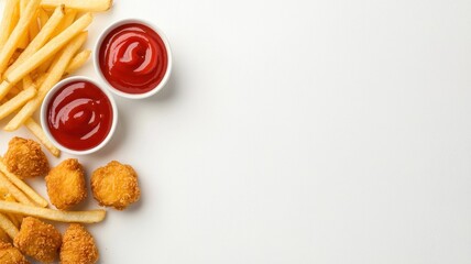 Delicious Crispy Chicken Nuggets French Fries and Ketchup on White Background