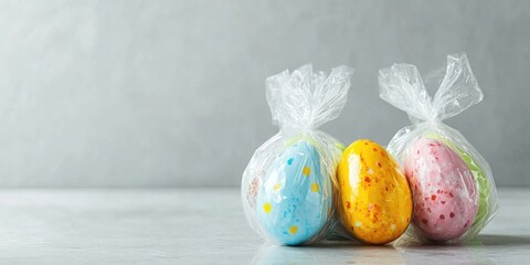 Colorful chocolate Easter eggs in transparent bags on a light gray backdrop positioned on the right perfect for Easter celebrations and sweet displays