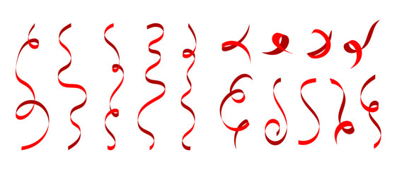 Serpentine carnival ribbons set. Red paper streamers for gift, greeting, festive design. Vector illustration isolated on white background.
