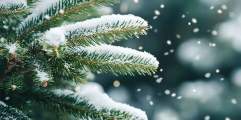 Close up of a snow-covered spruce branch against a soft green winter background with falling snowflakes and ample copy space for seasonal themes