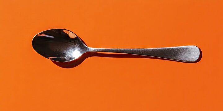 Closeup of a silver stainless steel tablespoon positioned horizontally on a bright orange background viewed from above with shadows.