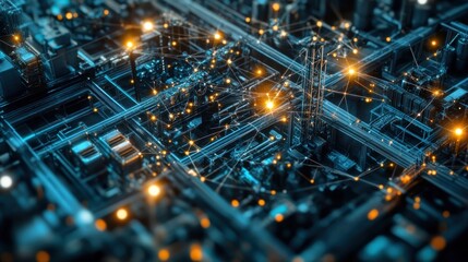 An aerial view of sensor nodes in a manufacturing facility with visual connections indicating the flow of information showcasing the expansive coverage and speed of 5G networks.