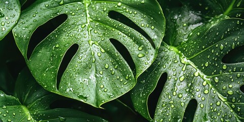 Fototapeta premium Close up of lush green Monstera leaves with vibrant water droplets highlighting details of tropical houseplant care against a dark background