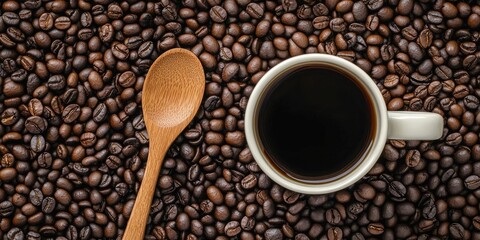 Fototapeta premium Rustic coffee scene featuring a white cup filled with black coffee on dark roasted coffee beans with a wooden spoon on the left