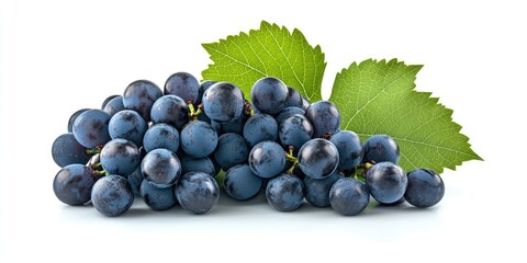 Fototapeta premium Dark blue grapes with green leaves arranged on a bright white background showcasing freshness and natural beauty of fruit composition