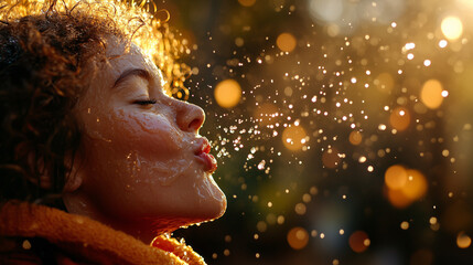 A cinematic close-up of a woman pouring water over her face, with droplets catching the light, creating a glowing effect against a dark, moody background, conveying emotions of purity and renewal.