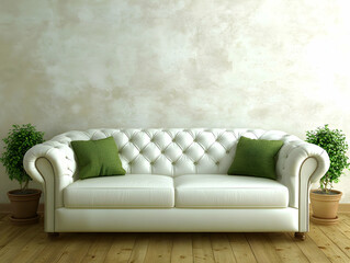 A white leather sofa with green pillows and two potted plants on the left side of it, placed against an empty wall in front of wooden flooring. 