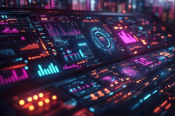 Obraz premium Futuristic Tech Interface: Neon-lit Digital Dashboard Displaying Data Streams and Graphs