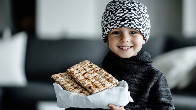 Elegant A child holding up the afikoman wrapped in a decorative matzah cover while smiling brightly rare Passover traditions afikoman hunt 