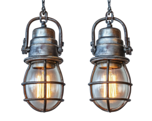 Isolated Two Industrial Cage Pendant Lights