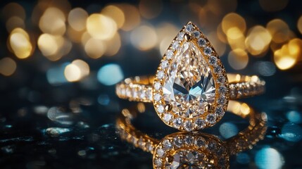 Fototapeta premium A luxury diamond ring with a pear-shaped stone is beautifully presented on a dark background, highlighting its unique silhouette.