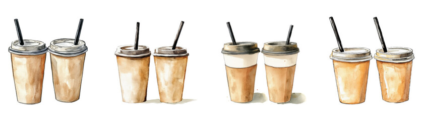 Watercolor set of paper cups with coffee and a straw. The cups are brown, have lids and each of them has a black straw. Coffee on the go concept.