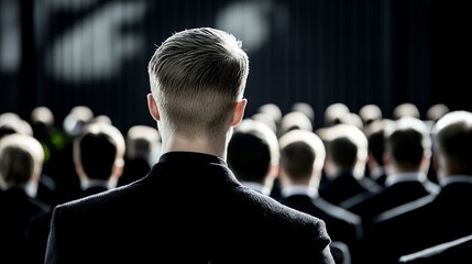 Fototapeta premium Elegant A crowd of worshippers bowing their heads in silence during an outdoor Good Friday service rare somber religious ceremonies communal mourning 