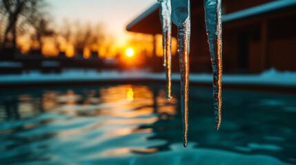 A close-up of melting icicles dripping into a crystal-clear pool of water under soft sunlight.