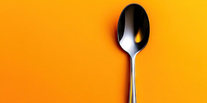 Closeup of a shiny stainless steel tablespoon on a vibrant orange background positioned to the right from a bird's eye view highlighting its reflective surface