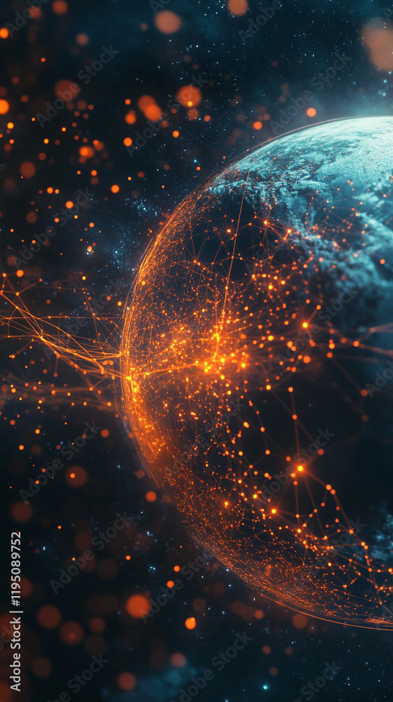 Poster digital globe with glowing orange network connections in space