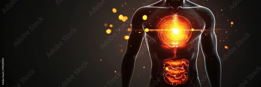 Poster glowing human torso with vibrant focal point illuminating the abdominal area in a dark setting. gene