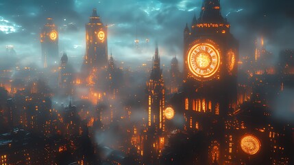 Glowing clock towers in a foggy, gothic city at night.