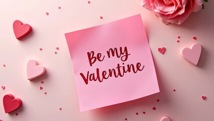 Be my valentine message with pink hearts and rose on pink background