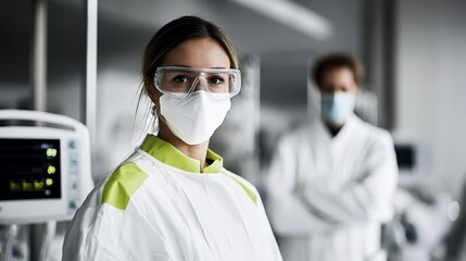 Elegant A nurse wearing protective gear administering oxygen while a doctor checks a patients monitor in an ICU rare doctors and nurses at work intensive support 