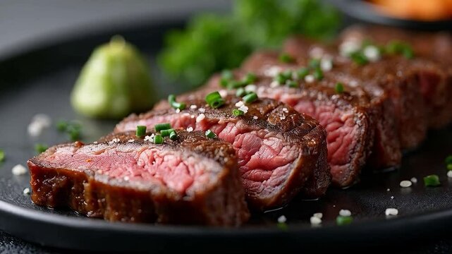 Bistec a la parrilla en t&eacute;rmino medio con ceboll&iacute;n y sal marina