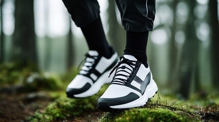 Fototapeta premium Elegant A person lacing up running shoes on a forest trail ready for a peaceful jog surrounded by nature rare self care practice active rejuvenation 