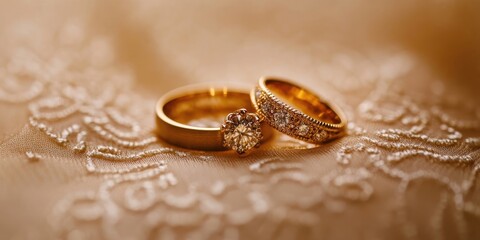 Close up of elegant gold wedding rings with brilliant diamond details on a textured brown lace backdrop highlighting intricate craftsmanship