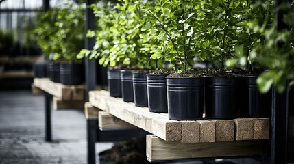 Naklejka premium Elegant A rustic tree nursery featuring wooden benches stacked with tiny saplings and natural compost bags rare tree nurseries sustainable practices 