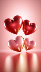 Floating Glossy Pink Hearts with Soft Reflection
