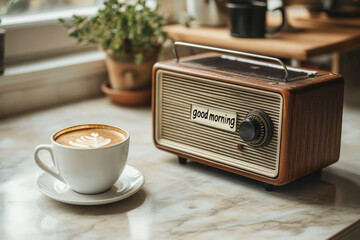 Retro radio and a cup of coffee on the table.