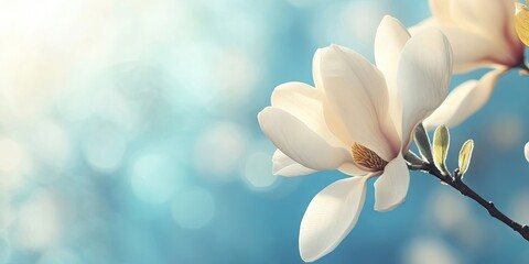 Elegant closeup of a creamy white magnolia flower on a slender branch against a soft blue bokeh background with ample space for text design.