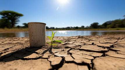 Fototapeta premium A cracked dry earth landscape with a single empty water can under the scorching sun, conveying desperation.