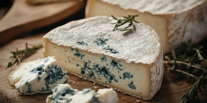 Closeup of creamy dorblu cheese with blue marbling on a rustic wooden board garnished with fresh thyme in soft natural light