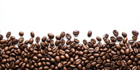 Packed roasted coffee beans spread across a white background, showcasing rich brown hues and varied textures, ideal for culinary or branding use.