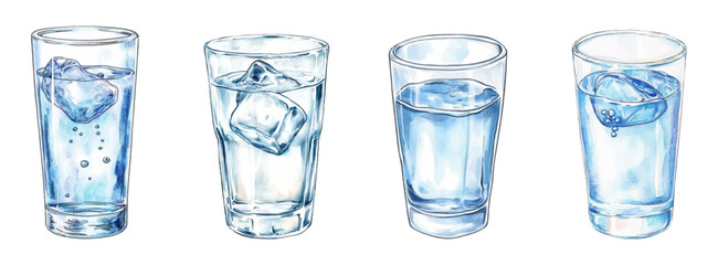 Watercolor set of glasses with water png. Glasses with clean drinking water and ice cubes. Concept of drinking water and water balance. Vector illustration.
