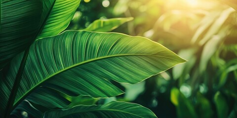 Obraz premium Closeup of a vibrant green tropical leaf in the foreground with a soft blurred lush garden background highlighting warm sunlight and ample text space