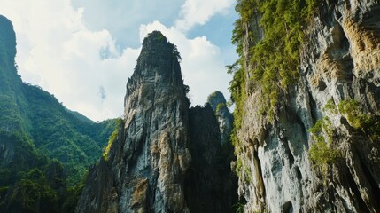 A panoramic shot of the towering karst cliffs of Khao Sok, rising majestically from the surrounding forest.