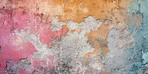Abstract grunge wall texture featuring a blend of pink, orange, and teal hues with rough, weathered patches predominantly on the left side.