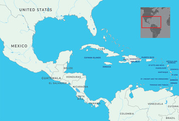 Central America map highlighting countries, borders, and geographical features of the region