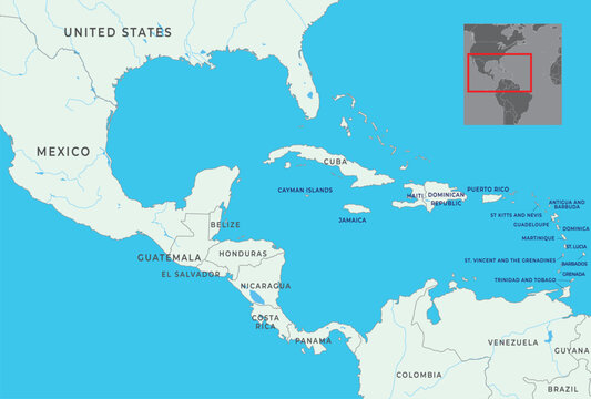 Central America map highlighting countries, borders, and geographical features of the region